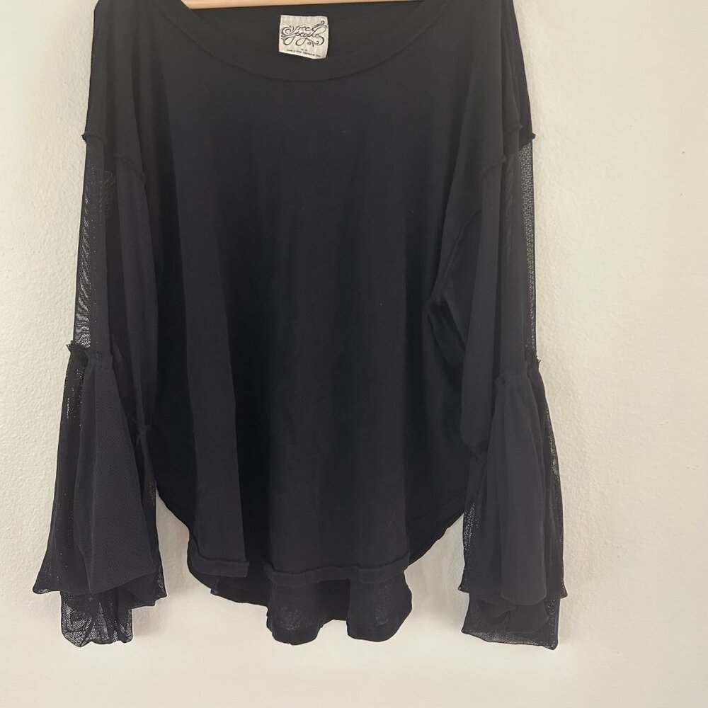 Free People Black Mesh Bell Sleeve Top Cotton Boho Long Sleeve Festival Romantic - Picture 5 of 10